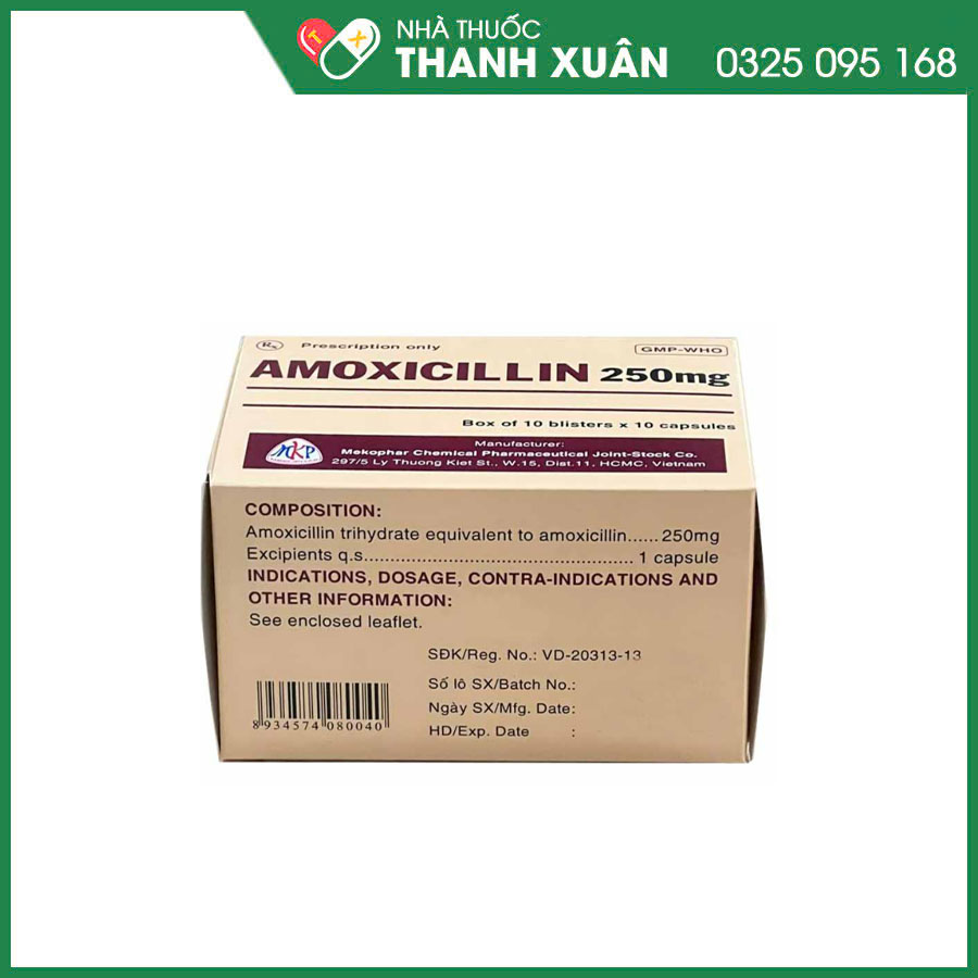 Amoxicillin 250mg Mekophar thuốc kháng sinh điều trị nhiễm khuẩn hô hấp, đường mật, tiêu hoá, tiết niệu - sinh dục và nhiễm khuẩn da
